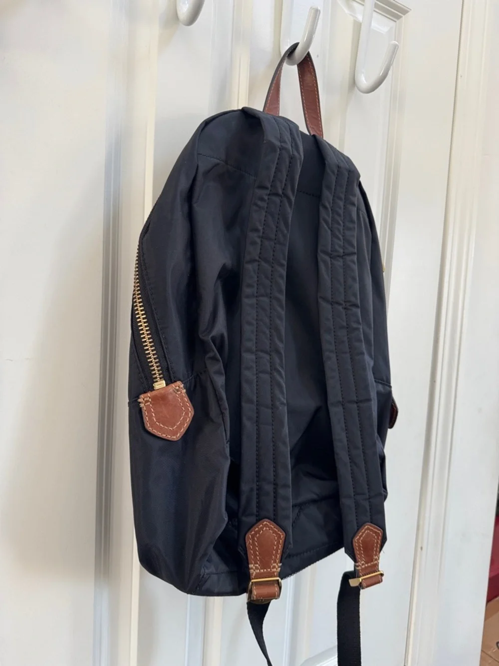 Frye Black Backpack with Brown Leather Accents and Gold Hardware
